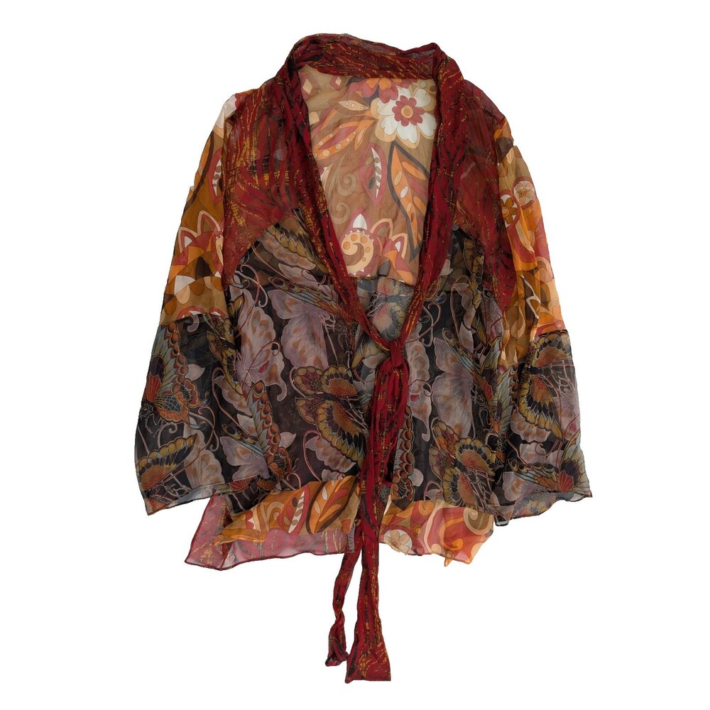 Harari Sheer Butterfly Art Nouveau Boho Tie Front Kimono Blouse Top S 100% Silk